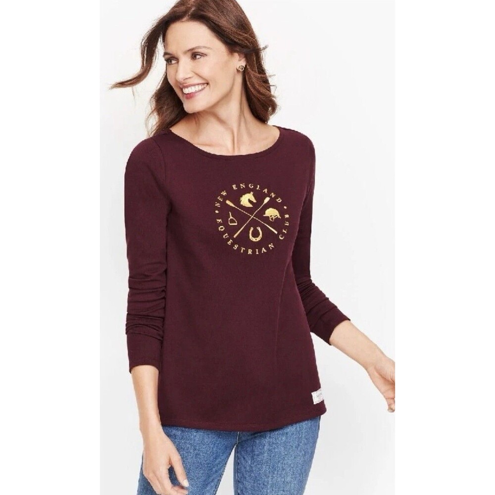 Talbots Petite P Burgundy New England Equestrian Club Embroidery Long Sleeve Tee